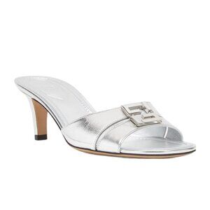 FENDI Fold 55 Metallic FF Logo Mule Sandals Slides Heels Shoes Silver